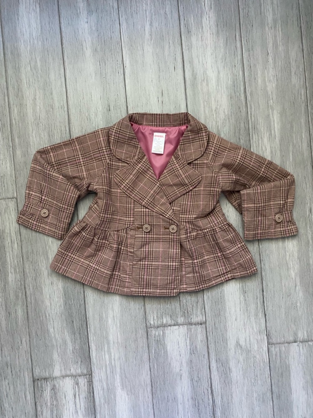 Gymboree Girls Kids Cotton Plaid Pink and Brown Coat Jacket with Buttons 2T